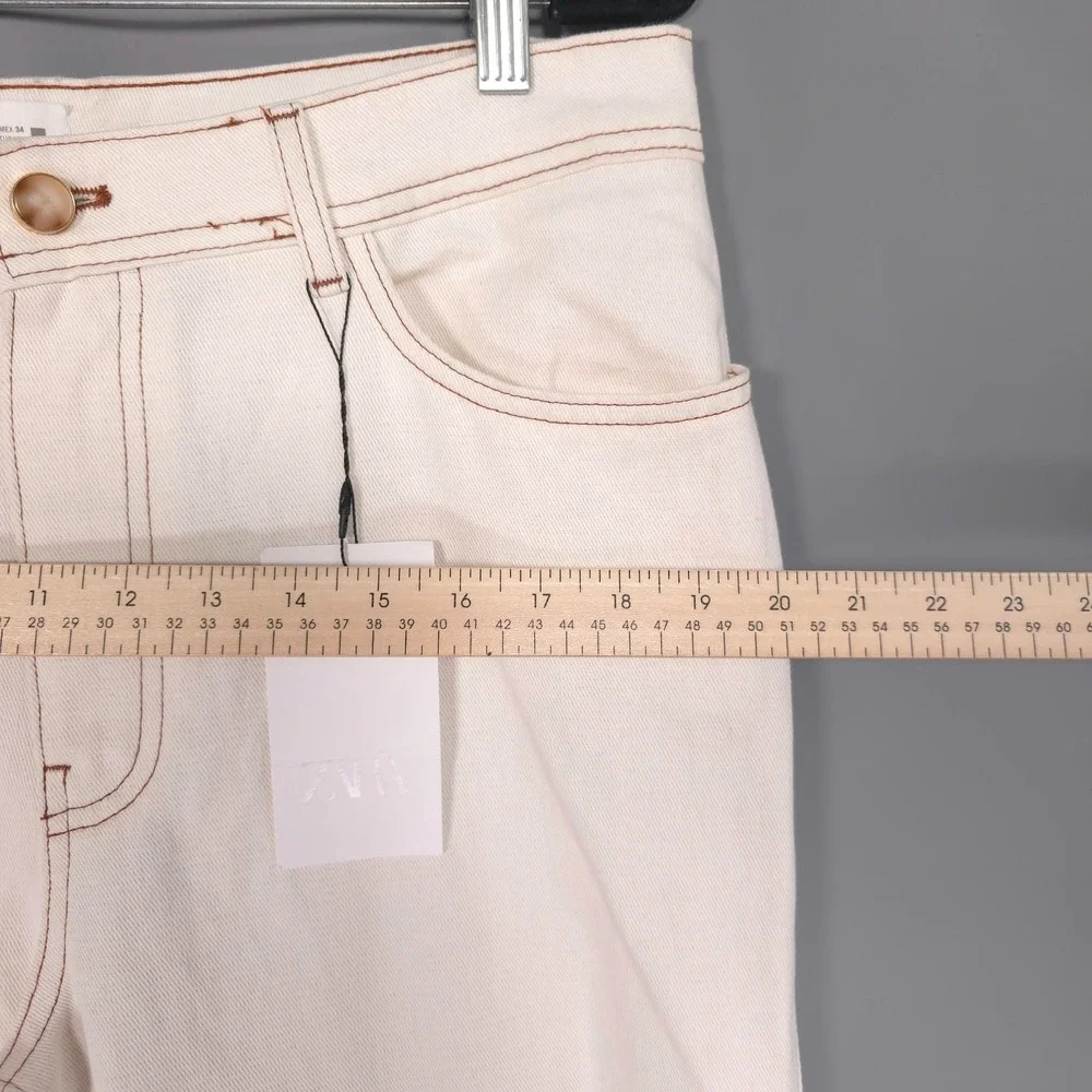 ZARA Women New Pants 44/12 Wide Leg Cotton Linen Contrast Stitching 7484/068/251